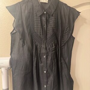 7 For All Mankind Black Button-Front Ruffle Sleeve Blouse